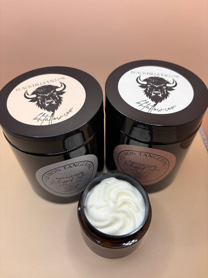 Three containers of a product with a brand logo on a beige background