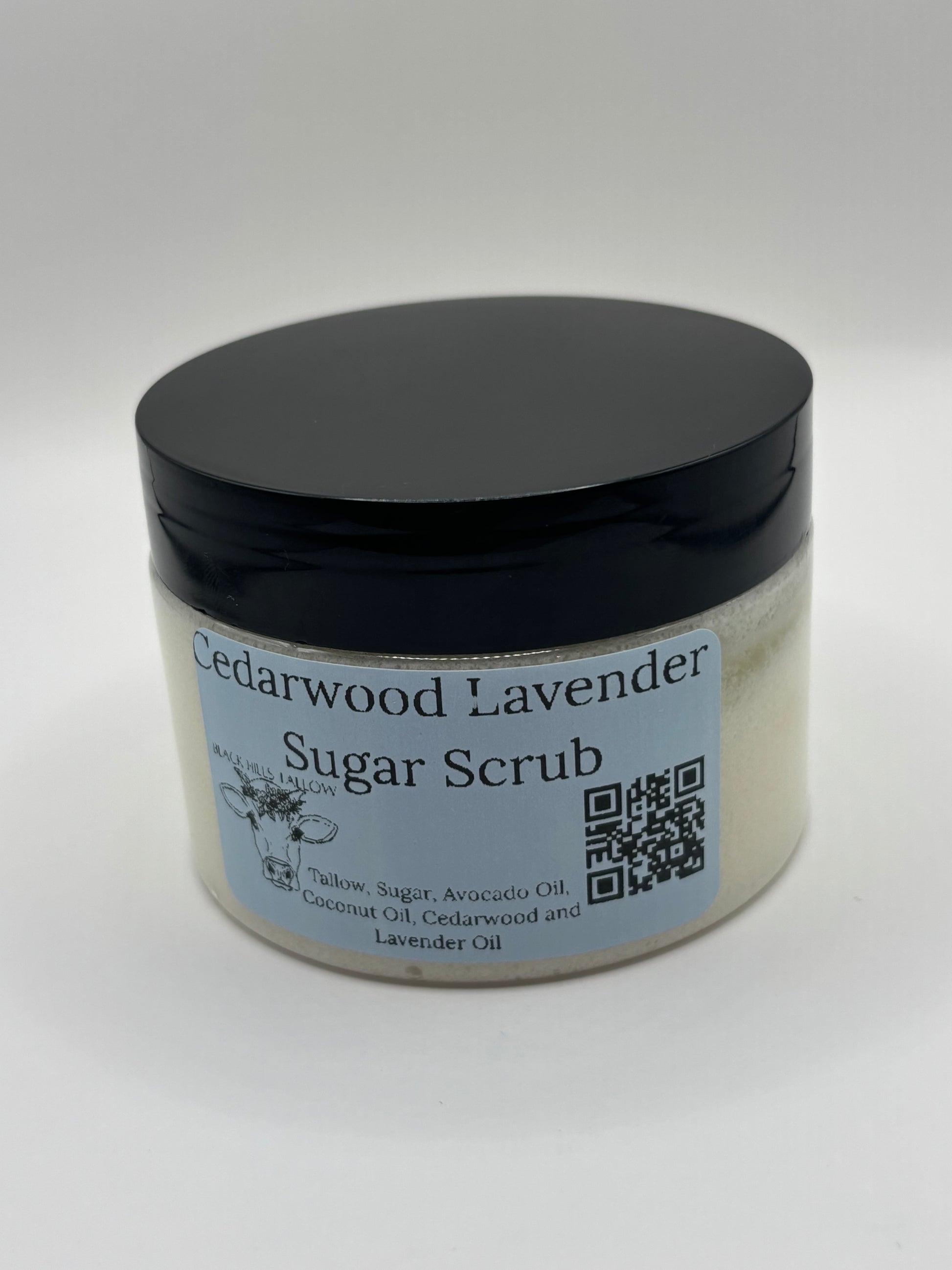 Jar of Cedarwood Lavender Sugar Scrub on a white background