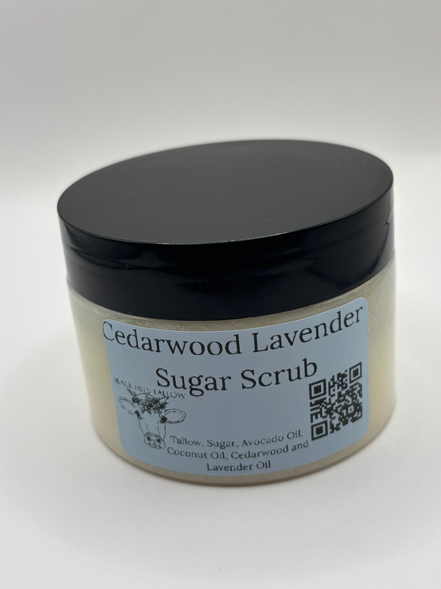 Jar of Cedarwood Lavender Sugar Scrub on a white background